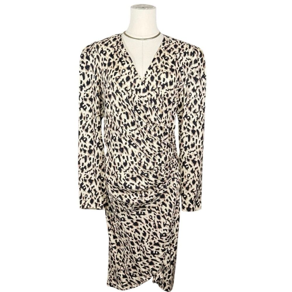 Maggy London Silk Leopard Print Wrap Dress Ruched Long Sleeve Officewear Size 10